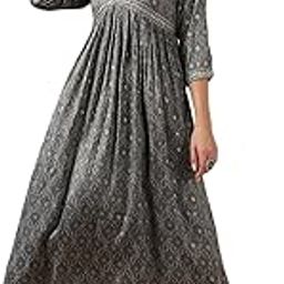 Women Grey Rayon Embroidered at Yoke Ankle Length Flared Ethnic Gown-image-65