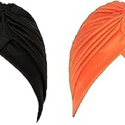 2 Pcs Men & Women Pleated Head Wrap Knit Bonnet Turban/Pleated Stretchable Polyester Pagri Head Cover/Sun Cap (Orange & Black)-image-35