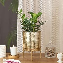 HomeShastra® Ember Gold Hammered Metal Planter with Stand | 10 Inch (Height) by 7 Inch (Dia) | Planters for Living Room, Bedroom Dec (Pack of 1 )-image-18