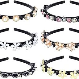 6 Pieces Beaded Hair Headbands Fashion Double Bangs Hairstyle Hairpin Headband Double Layer Twist Plait Braided Headband Elegant Flower Clips Chic Pearl for Women Girl (Vintage Style)-image-35