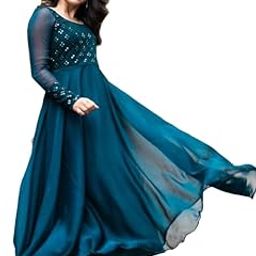 Traditional Indian Wear Embroidered Mirror Work Georgette Anarkali Kurta for Women - Solid Design, Long Sleeves, Ankle & Floor Length, 3.5 Meter Flare-picture-42