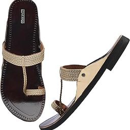 Ethnic Leather Slip On Flats for Women, Kolhapuri Style, Brown-image-114