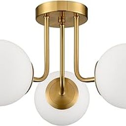 SHAWNKEY Modern Brass Gold 3 Light Ceiling Lamp, Semi Flush Mount Ceiling Lamp with Globe White Glass Shade, Living Room, Hallway, Sputnik Chandelier Lighting Fixture-image-20