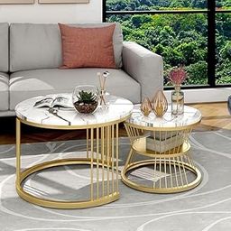 WROUGH IMPEX Round Nesting Coffee Table Set | 2-Piece Modern Side Tables with Iron Frame & MDF Marble Look Top | Small Space Living Room Sofa End Table for Bedroom, Office. (Golden & White)-10