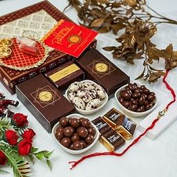 NutriSnacksBox Chocolate Delight Rakshabandhan hamper for Brother with Raisin Chocolate in a Box | ButterScotch Chocolates in a Box | Choco Nutties Rose Petals in a box | Chocolates Square Bites in a tray | Pooja Thali with 4 inch Roli Chawal Set |Stone Rakhi for Brother with Greeting Card | Rakhi Brown Combo Pack | Rakshabandhan Gifts for Brother-picture-10