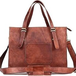 kirruu 16-inch Vintage Genuine Brown Leather Tote Shoulder Lapotop Bag for Women Large Capacity Work Handbag with Zipper Comartment for Daily Office Uses-image-39
