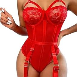 Women's Lace Bustier Bodysuit with Garter Straps, Red-image-74
