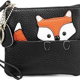 Genuine Leather Coin Purse Pouch Change Wallet for Women,Fox Pattern Leather Coin Purse Keychain Change Pouch Wallet With Wrist Strap, Black, Coin Purse for Women-32