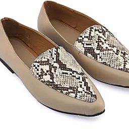 Women's Loafers with Snake Print Detail, Beige Faux Leather, Pointed Toe, Flat Casual Shoes-image-55