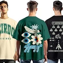 100% Pure Cotton Oversized Baggy Fit Half Sleeve Printed Round Neck Multicolor Drop Shoulder T-Shirt for Men & Boys (Pack of 3)-picture-3