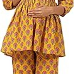 Jaipuri Floral 100% Cotton Maternity Nursing and Feeding Night Suit/Kurta Pant | Nursing Zippers | Pre and Post Pregnancy | Color - Yellow-image-62