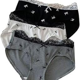 Women's Cotton Bow Print Underwear with Lace Trim, 3-Pack Set, Black/White/Grey-image-89