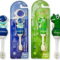RR GANEX Extra soft kids toothbrush with tongue cleaner soft grip handle contains cartoon character age 2-7 for toddlers pack of 2 Green and blue colour with cartoon style-image-93