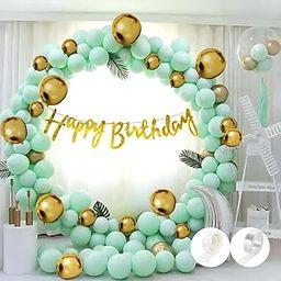 Flyloons 53pcs set of Birthday decoration items with Sparkle Golden Happy birthday Banner, Mint Green Pastel/Macron Balloons. Golden Chrome balloons,Glue dots,arch strip for balloons-21