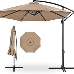 Offset Hanging Patio Umbrella with Base, Cantilever Umbrella with Crank Handle for Pool, Backyard, Lawn, Garden, Khaki, 300(Dia) x 230(Height)cm, Khaki-image-10