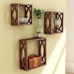JP WOOD CRAFT Wall Mounted Floating Shelves – Set of 3 Open Cube Hanging Shelves with Hidden Brackets | Modern Wall Storage for Living Room, Bedroom, Kitchen & Office. (Brown)-11