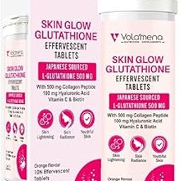 Volamena Nutrition Supplements Skin Glow Japanses Sourced L Glutathione tablets 500 mg & Collagen Peptide 500 mg 100 mg Hyaluronic Acid 10 Effervescent Tablets For Skin Lightening & Radiance For both Men & Women- Orange Flavour-100