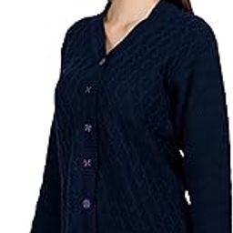 Women's Woolen V-Neck Self Design Cardigan - Heavy Rainbow Fabric Winter Wear Pure Wool Cardigan for Women - Free Sizes (3XL, Navy)-image-17