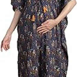 Dark Blue Ethnic Printed Cotton Maternity Kaftan/Free Size/Feeding/Nursing/Zipper/Drawstring/Printed/Full Length-image-93