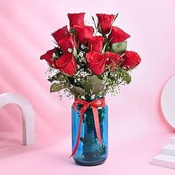 FlowerAura Fresh Live Flower Bouquet of 12 Red Roses In Glass Vase For Birthday & Anniversary Gift, Wedding Gift, Mother's Day Gift, Love & Romance Gift, Father's Day Gift (Same Day Delivery)-image-88
