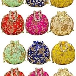 Embroided Potli Pack of 12 | Assorted Leaf Floral Design with Small Moti Handle | Batwa Bag Bridal Purse Women Handbag Shagun Pouch Return Gifts-34
