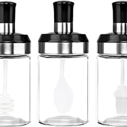 SIMPARTE Glass Pickle, Ghee, Honey Jar, Kitchen Condiment Cruet Bottle with Spoons, Honey Pot Jar with Drippers, Oil Bottle with Brush and Lids for Oil Sugar Spices Seasonings Set of 3, 250 ML-5