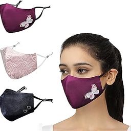 MASQ By Q-One 4 Layer Washable, Reusable, Size Adjustable, Anti-Bacterial (BFE>99%) Embroidered Cotton Cloth Face Mask Combo for Women, Girls ​with 1 Detachable Chain (Multicolor, Medium, Pack of 3)-25