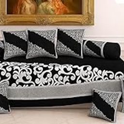 Mahika 500 Tc Chennile Diwan Set (Single Bed -8 Piece), for Living Room, Dining Hall Emerald with Gold Floral Pattern, Luxury Bedding Cover with Cushions and Bolsters (Modern-Black)-image-18
