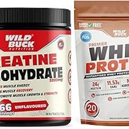 WILD BUCK Creatine Monohydrate Powder, Strength, Reduce Fatigue, 100% Pure Creatine, Lean Muscle Building, Supports Muscle Growth, Athletic Performance, Recovery [66 Servings, Unflavoured] + WILD BUCK Premier Whey Protein Concentrate 100%, 24g High Protein, 5.43g BCAA, 11.53g EAA & Added Digestive Enzymes | Muscle-Building Whey Protein Powder | Sports Drink for Recovery & Muscle Growth | For Men & Women [1kg, Rabdi Kulfi]-image-51