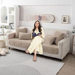 HOKIPO Plush Fabric Premium Plush Anti Slip Sofa Mat,90(D)X 170(L)Cm,Beige(Ar-5035-Bge)-image-4