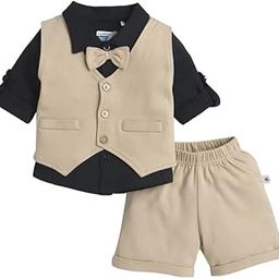 Boys Cotton Shirt Waistcoat & Short Set With Applique Bow-image-3