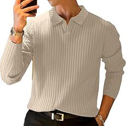 Men's Ribbed Knit Polo T-Shirt, Long Sleeve-image-74