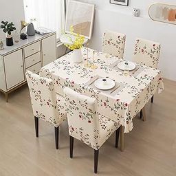 Styleys Dining Chair Cover with Table Covers for Kitchen Waterproof Dining Table Cloth (1 Table Cover + 4 Chair Cover, Beige Tulip Flower, CTSD3128)-image-27