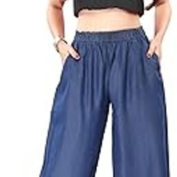 Cotton Denim Palazzo with 1.5" Elastic Waist for Women Dark Blue Color-71