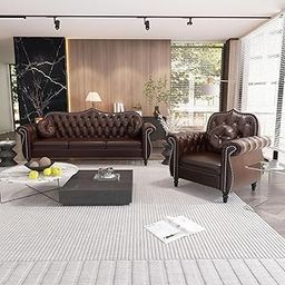 Expert Wood Art ! Mid-Century Modern Leatherette Chesterfield Sofa Couch, Classic Tufted Button Sofa with Nailhead Trim for Living Room, Office (Brown Leatherette, 3+1 =4 Seater Sofa)-image-53