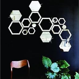 Wall1ders 4 Hexagon and 12 Hexagon Shapes Different Size Golden Hexagon mirror wall stickers, mirror stickers for wall, acrylic mirror wall decor sticker, wall mirror stickers, hexagonal mirror wall sticker..(Silver)-11
