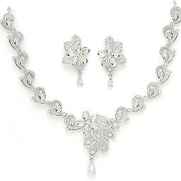 Rhodium-Plated American Diamond Studded Floral & Paisley Shaped Necklace With Earrings Jewellery Set For Girls and Women-7