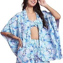 Floral Printed V-Neck Sleeveless Top with Short & Robe.-picture-34