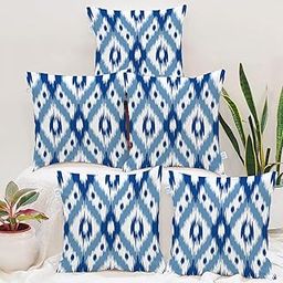 STITCHNEST Cotton Ikat Digital Printed Cushion Cover, Pack of 5 (Blue, 16x16 inches)-16