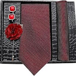 Men's Micro Polyester Necktie, Pocket Square, Brooch Pin and Cufflinks Combo (Red Maroon, Free Size)-picture-1