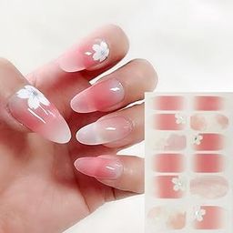 S.A.V.I 12PCS - Nail Art Stickers Peach & Nude Translucent Gel Effect, Cherry Blossom Print, Full Nail Decoration, Long-Lasting-14