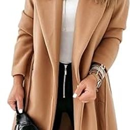 Womens Classic Coat Lapel Collar Open Front Belted Long Jacket-8