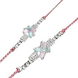 Premium Handcrafted AD Diamond Rakhi Set of 3 for Brother, Colourful Pure Cotton Thread Festive Bracelet Style Designer Combo Rakhi with Roli Chawal and Rakshabandhan Greeting Card-18-picture-17