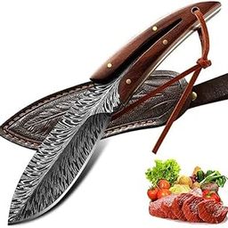 CRENTILA Professional Feather Pattern Chef Knife with Wooden Handle & Leather Sheath | Multipurpose Sharp Blade for Kitchen, Camping & Outdoor Use-image-95