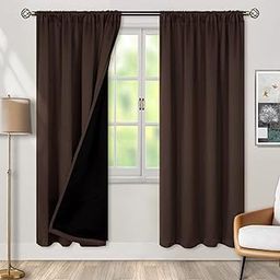 BFAM Store Thermal Insulated 100% Blackout Curtains for Bedroom with Black Liner, Double Layer Full Room Darkening Noise Reducing Rod Pocket Black Out Curtain 2 PC (Brown, 5 FT (60INCH))-picture-19