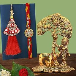 CraftVatika Rakhi Gift Combo Set for Brother and Bhabhi, Rakshabandhan Lumba Kundan Rakhis for Bhaiya Bhabhi with Krishna Showpiece, Janmashtami Gift Rakhi for Brother, Bro, Bhaiya, Bhai (KBS144-RAKHI249)-13