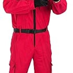 Red Hooded Jumpsuit with Black Belt, Cargo Pockets, Full-Length Zip Front-image-8