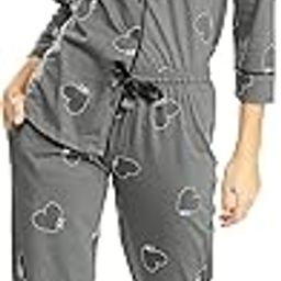 Women Cotton Heart Print Shirt & Payjama Full Sleeve Night Suit Set-image-0
