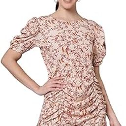 Women's Polyester Printed Crepe Ruched Round Neck Cap Sleeve Mini Dress (Shaanvi Beige-02-L)-image-39