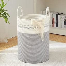THE FIRST HOME DECOR Large Woven Rope Laundry Basket Blanket Storage Basket, Decorative Storage Laundry Hamper for Pillows, Toys, Towels, and Living Room (100L (14x24"), grey mix)-picture-14